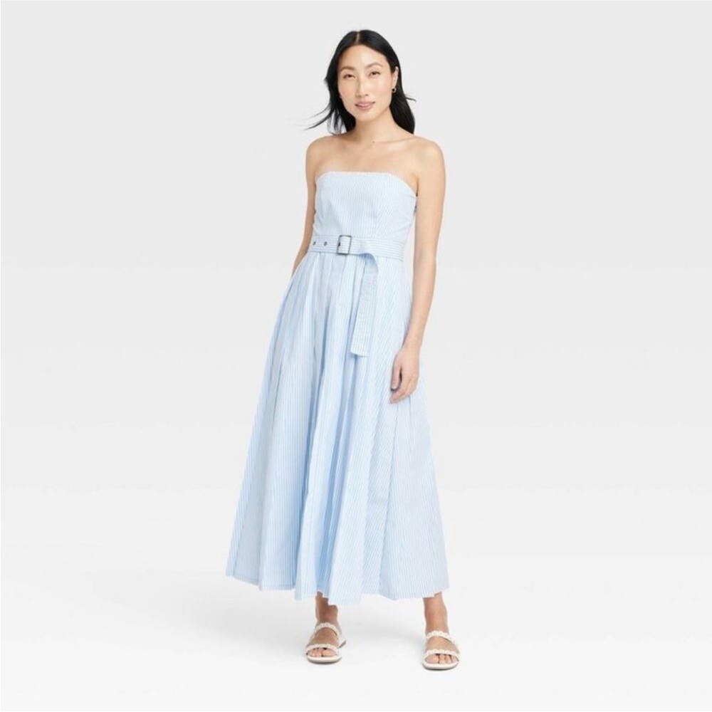 A New Day Light Blue Seersucker Stripe Pleated Maxi Dress‎ 10